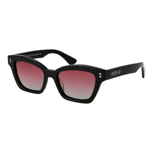 Sunglasses by Replay for women in acetate black showcases a ethereal silhouette, featuring black coloured frame full-rim cat-eye frame design with polarized gradient category-2-medium-tint lens for a ethereal finish.