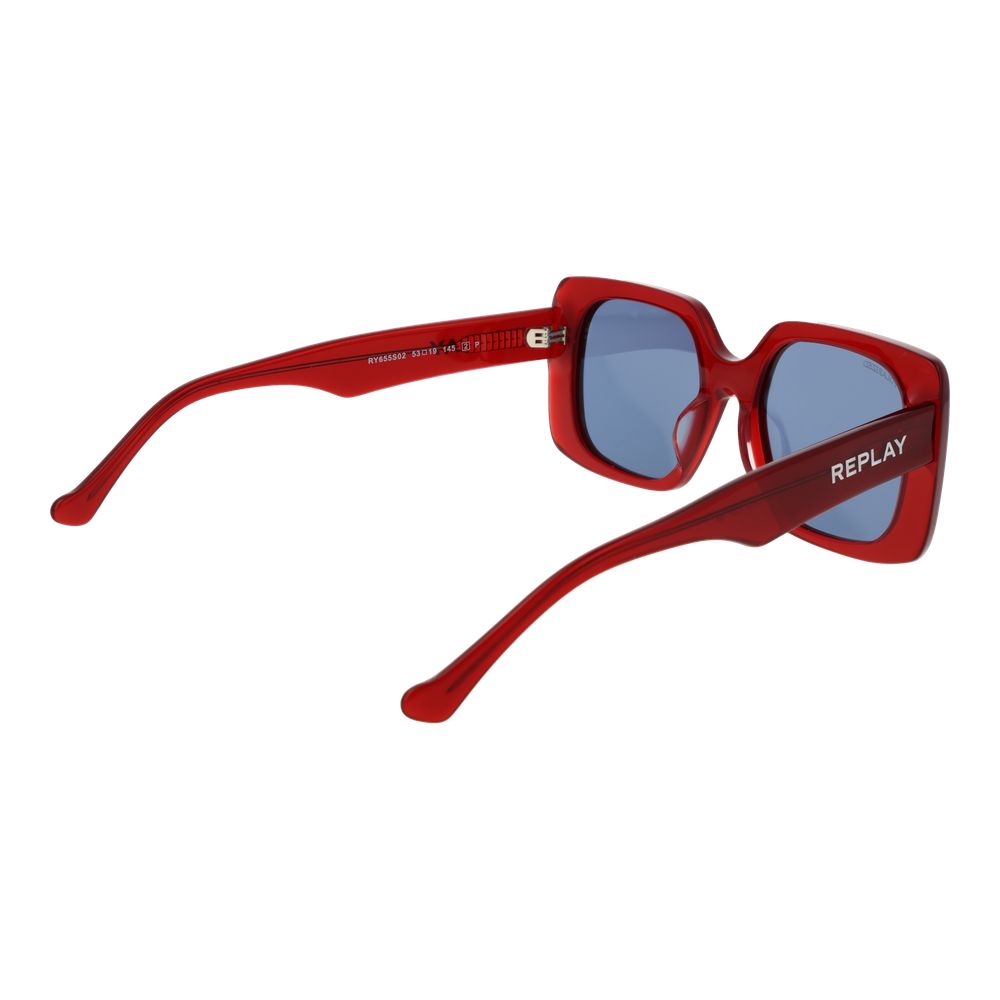 Sunglasses by Replay for women in acetate multicolor features an lustrous full-rim square frame design with red coloured frame detailing and polarized category-2-medium-tint lens for a lustrous aesthetic.
