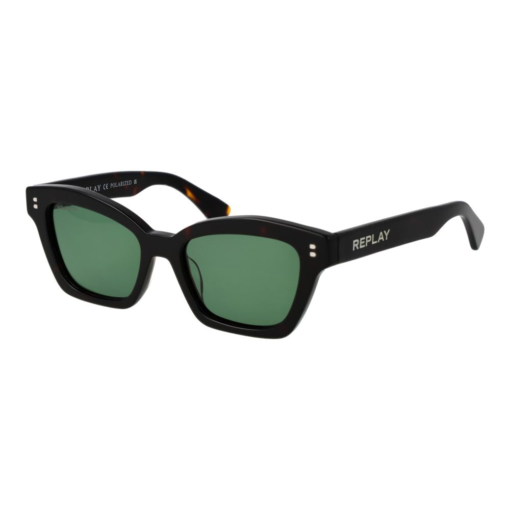 Sunglasses by Replay for women in acetate black features a sumptuous silhouette, showcasing a sumptuous full-rim cat-eye frame design in black coloured frame with high-performance polarized category-3-dark-tint lens.