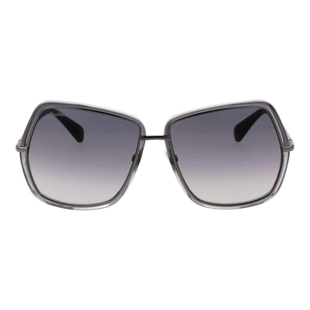 This Sunglasses by Max Mara for women in metal gray presents a sumptuous silhouette, showcasing a sumptuous full-rim square frame design in gray coloured frame and high-performance gradient category-2-medium-tint lens.