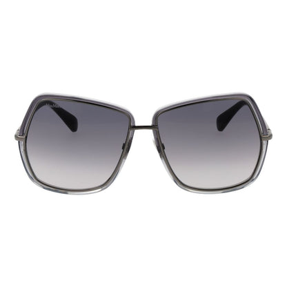 This Sunglasses by Max Mara for women in metal gray presents a sumptuous silhouette, showcasing a sumptuous full-rim square frame design in gray coloured frame and high-performance gradient category-2-medium-tint lens.