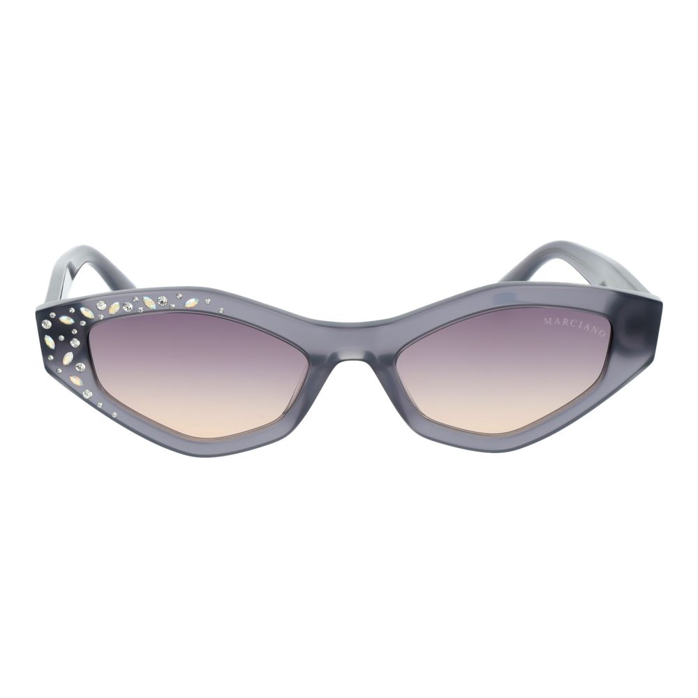 Sunglasses by Marciano by Guess for women in acetate gray features a sumptuous silhouette, showcasing a sumptuous full-rim oval frame design in gray coloured frame with high-performance gradient category-2-medium-tint lens.
