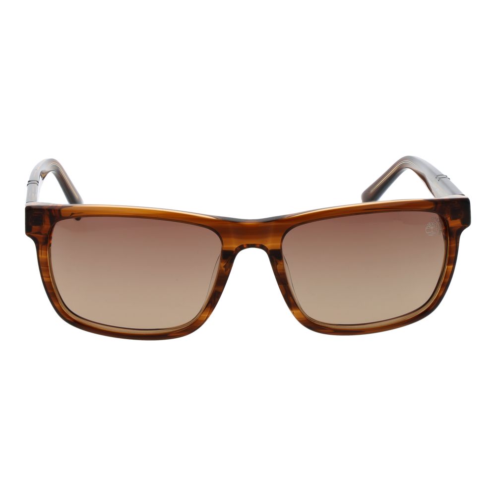 Sunglasses by Timberland for men in acetate brown features an lustrous rectangle full-rim frame design with brown coloured frame detailing and polarized category-2-medium-tint lens for a lustrous aesthetic.