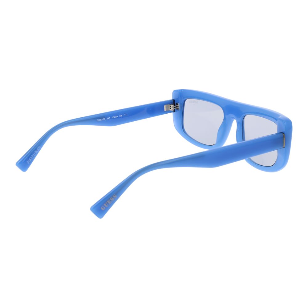 Sunglasses by Guess for unisex in plastic and blue presents a sumptuous silhouette, featuring blue coloured frame and rectangle full-rim frame design with non-polarized category-1-light-tint lens for a sumptuous look.