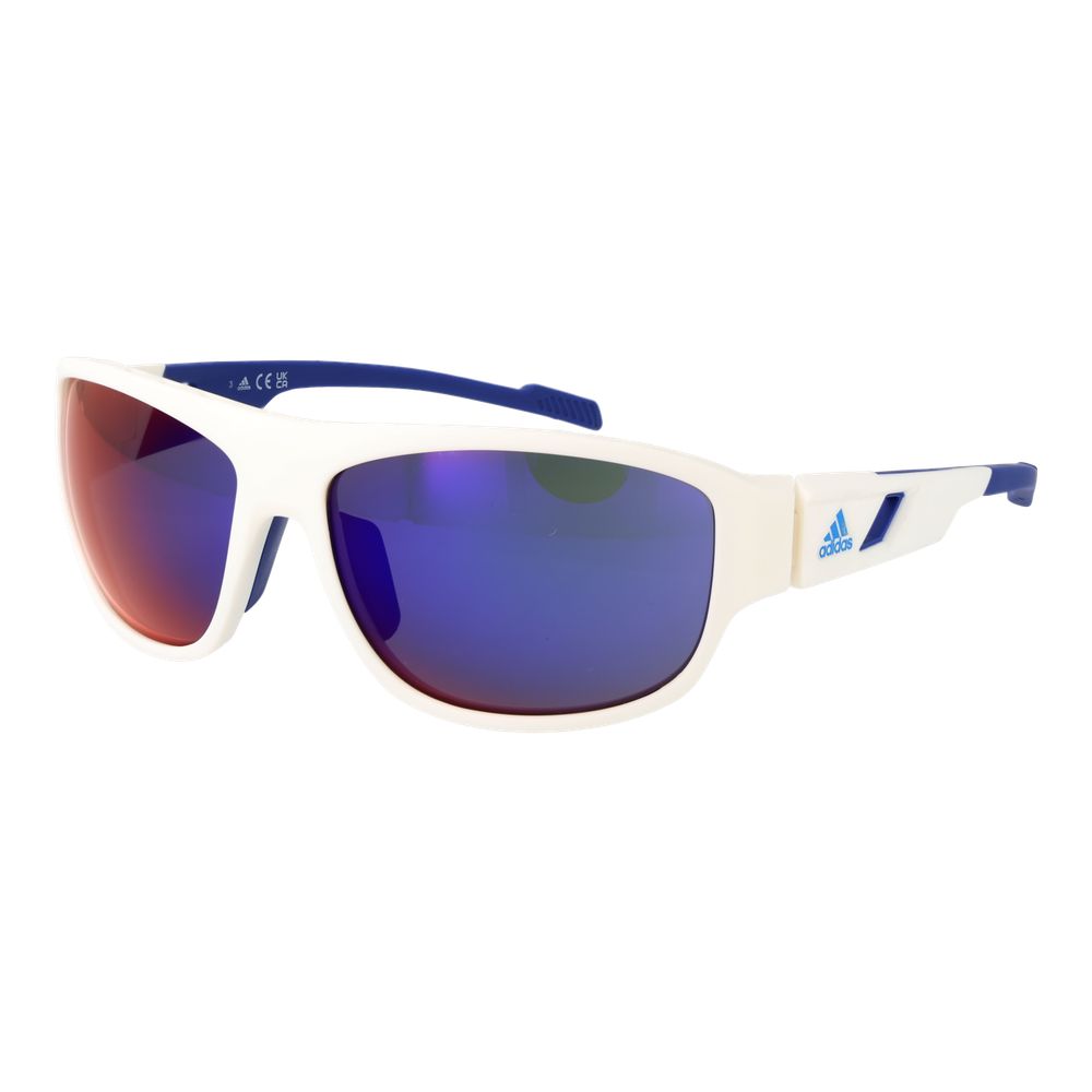 Sunglasses by Adidas for men in plastic white features an ethereal full-rim sport frame design with white coloured frame frames and mirrored category-3-dark-tint lens for a ethereal finish.