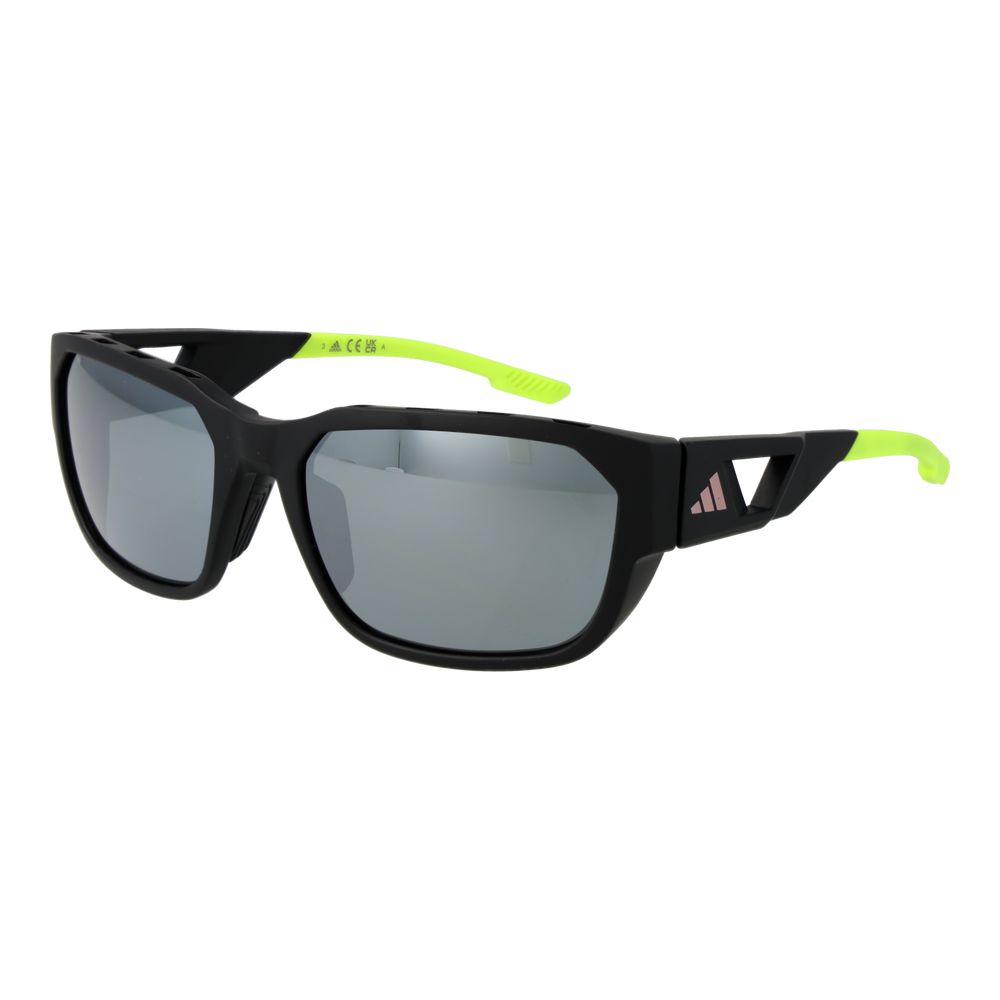 Sunglasses by Adidas for men in plastic black features an ethereal rectangle full-rim frame design with black coloured frame frames and mirrored category-3-dark-tint lens for a ethereal finish.
