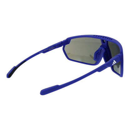 Sunglasses by Adidas for unisex in plastic blue features an lustrous full-rim sport frame design with blue coloured frame detailing and mirrored category-3-dark-tint lens for a lustrous aesthetic.