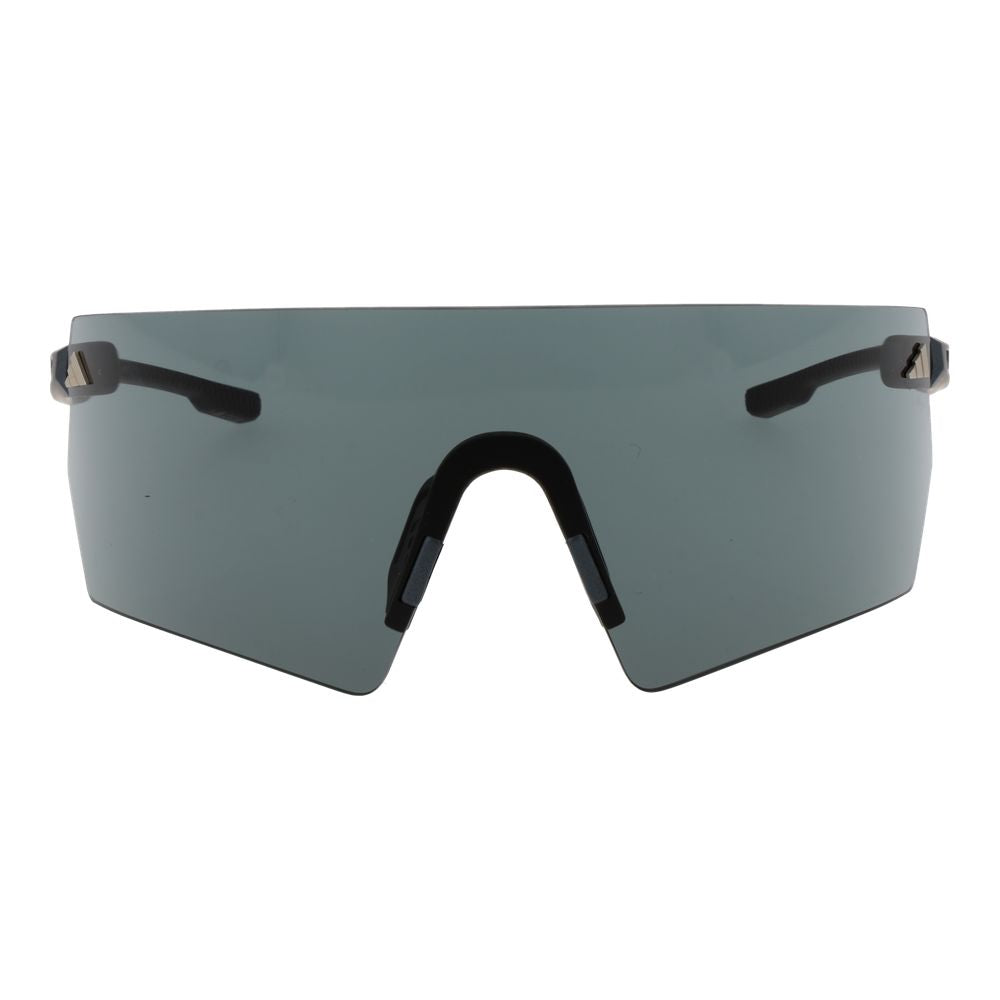 Sunglasses by Adidas for unisex in plastic black features an lustrous rimless mono-lens frame design with black coloured frame detailing and non-polarized category-3-dark-tint lens for a lustrous aesthetic.
