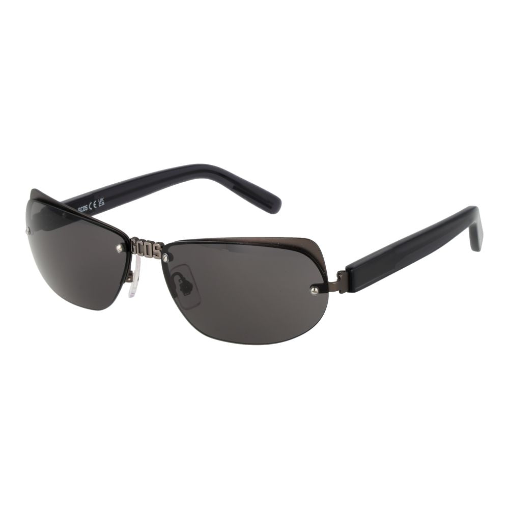 Sunglasses by GCDS for unisex in plastic gray features a sumptuous silhouette, showcasing a sumptuous cat-eye frame design in gunmetal coloured frame with high-performance mirrored category-3-dark-tint lens.