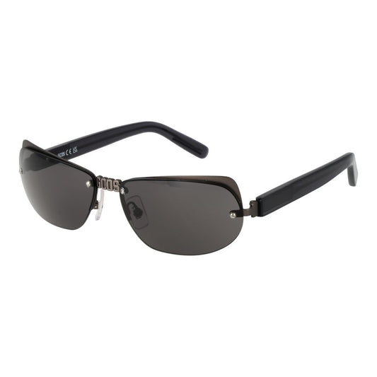 Sunglasses by GCDS for unisex in plastic gray features a sumptuous silhouette, showcasing a sumptuous cat-eye frame design in gunmetal coloured frame with high-performance mirrored category-3-dark-tint lens.
