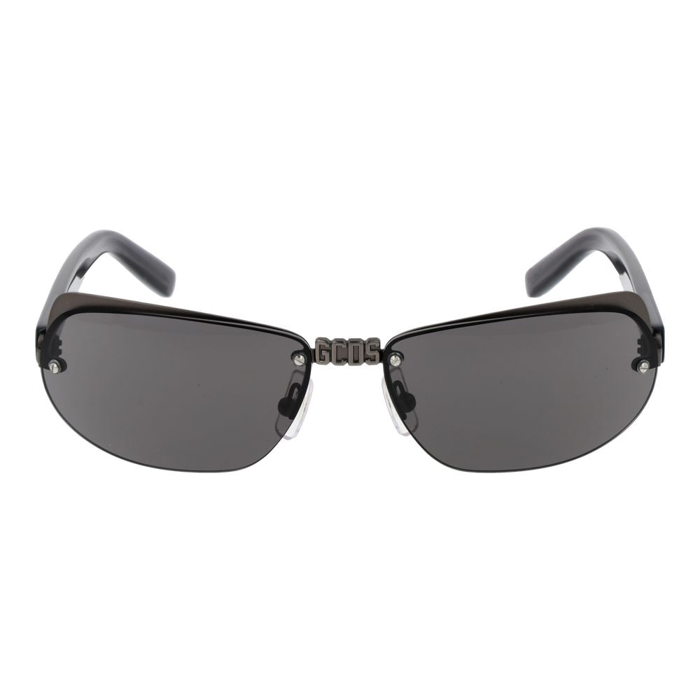 Sunglasses by GCDS for unisex in plastic and gray featuring an opulent cat-eye frame design with a sophisticated gunmetal coloured frame finish and high-performance mirrored category-3-dark-tint lens.