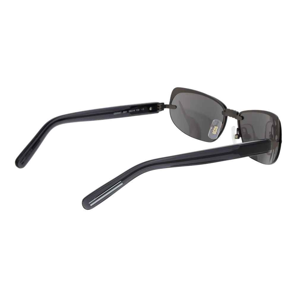 Sunglasses by GCDS for unisex in plastic gray features an ethereal cat-eye frame design with gunmetal coloured frame frames and mirrored category-3-dark-tint lens for a ethereal finish.