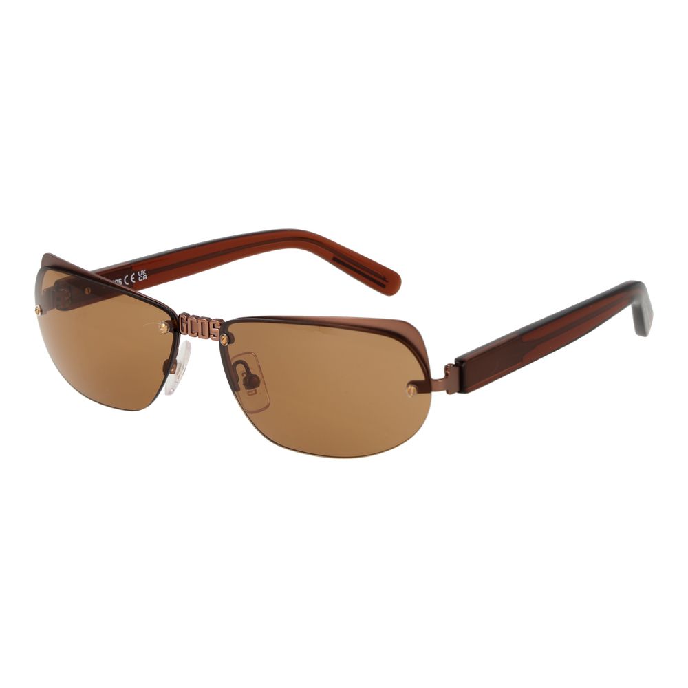 Sunglasses by GCDS for unisex in metal and brown presents a sumptuous silhouette, featuring brown coloured frame and rimless oval frame design with non-polarized category-2-medium-tint lens for a sumptuous look.