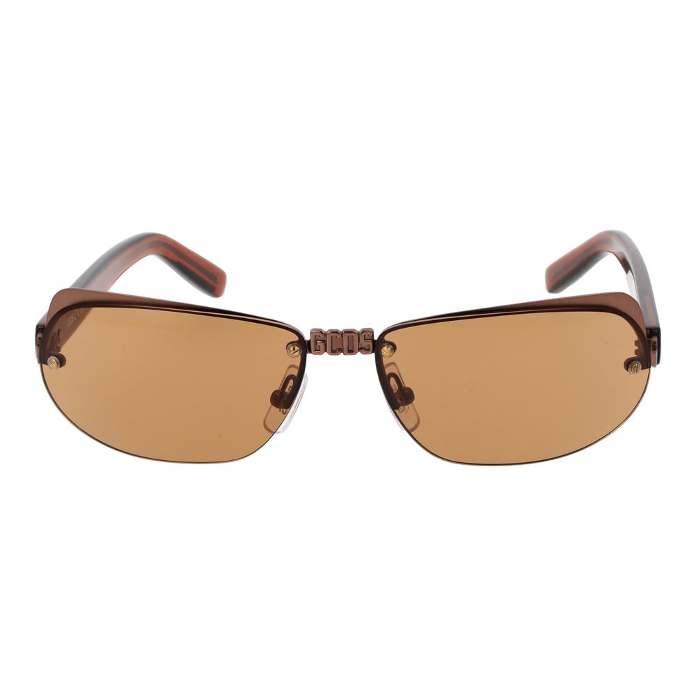 Sunglasses by GCDS for unisex in metal brown showcases a ethereal silhouette, featuring brown coloured frame rimless oval frame design with non-polarized category-2-medium-tint lens for a ethereal finish.