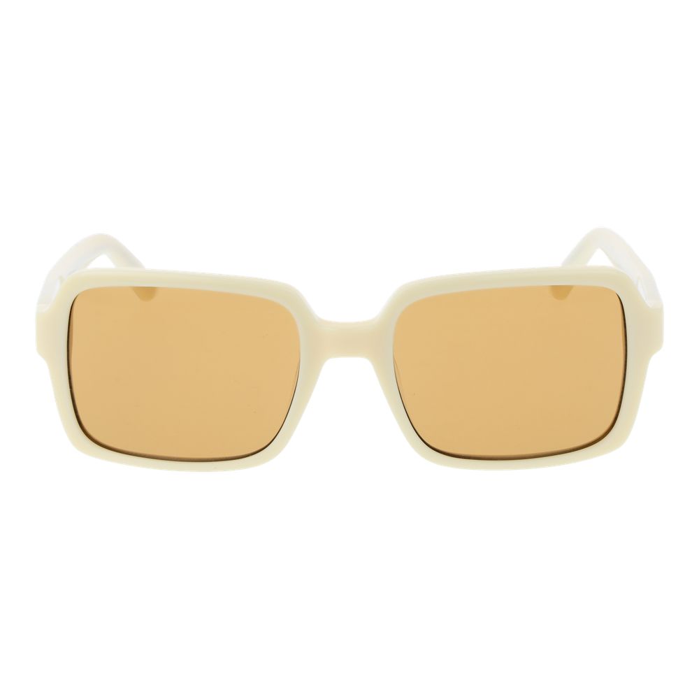 Sunglasses by GCDS for unisex in plastic and beige presents a sumptuous silhouette, featuring cream coloured frame and full-rim square frame design with non-polarized category-2-medium-tint lens for a sumptuous look.