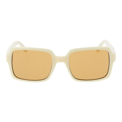 Sunglasses by GCDS for unisex in plastic and beige presents a sumptuous silhouette, featuring cream coloured frame and full-rim square frame design with non-polarized category-2-medium-tint lens for a sumptuous look.