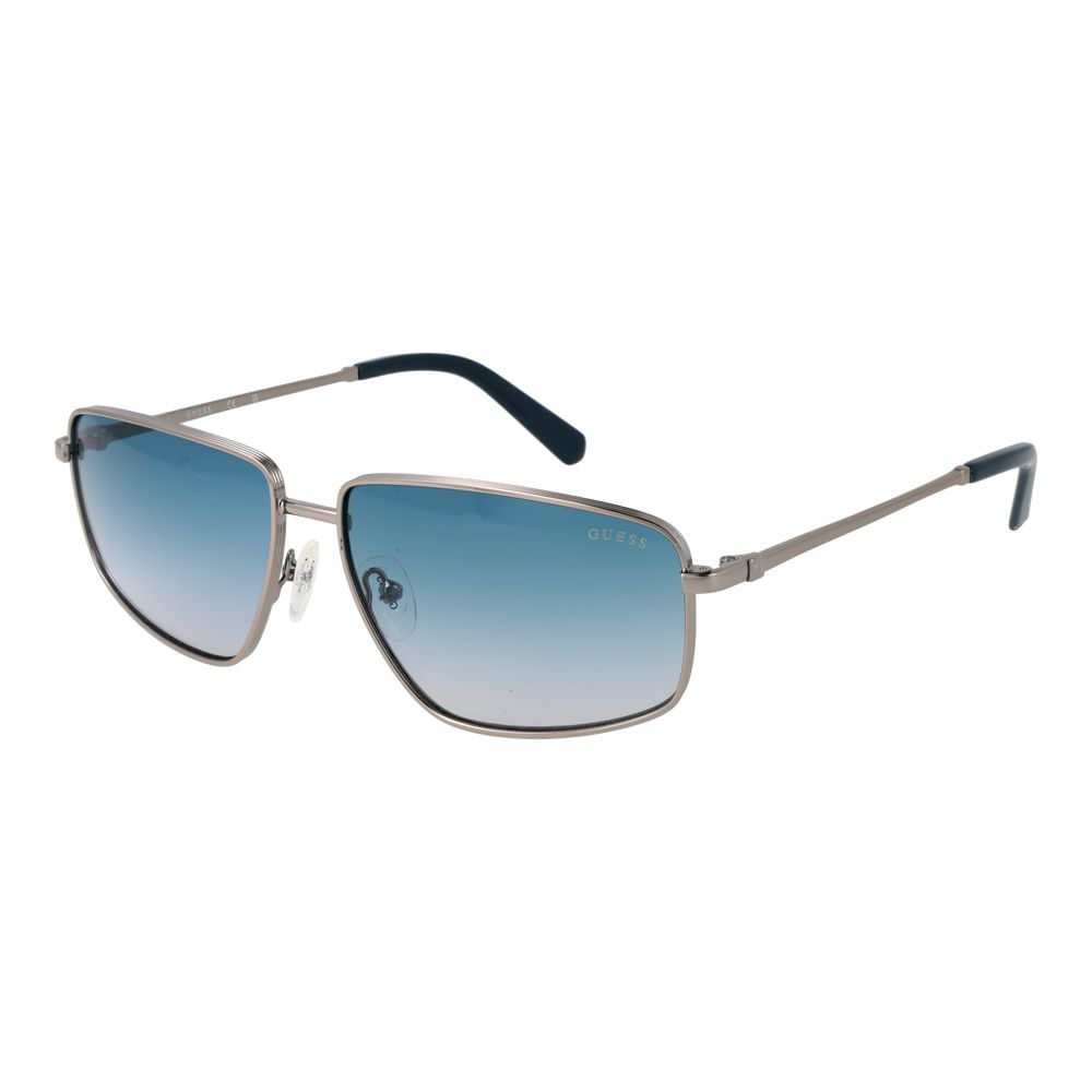 Sunglasses by Guess for men in cotton polyester gradient, blue & silver features an ethereal full-rim frame design with silver coloured frame frames and category-2-medium-tint gradient lens for a ethereal finish.