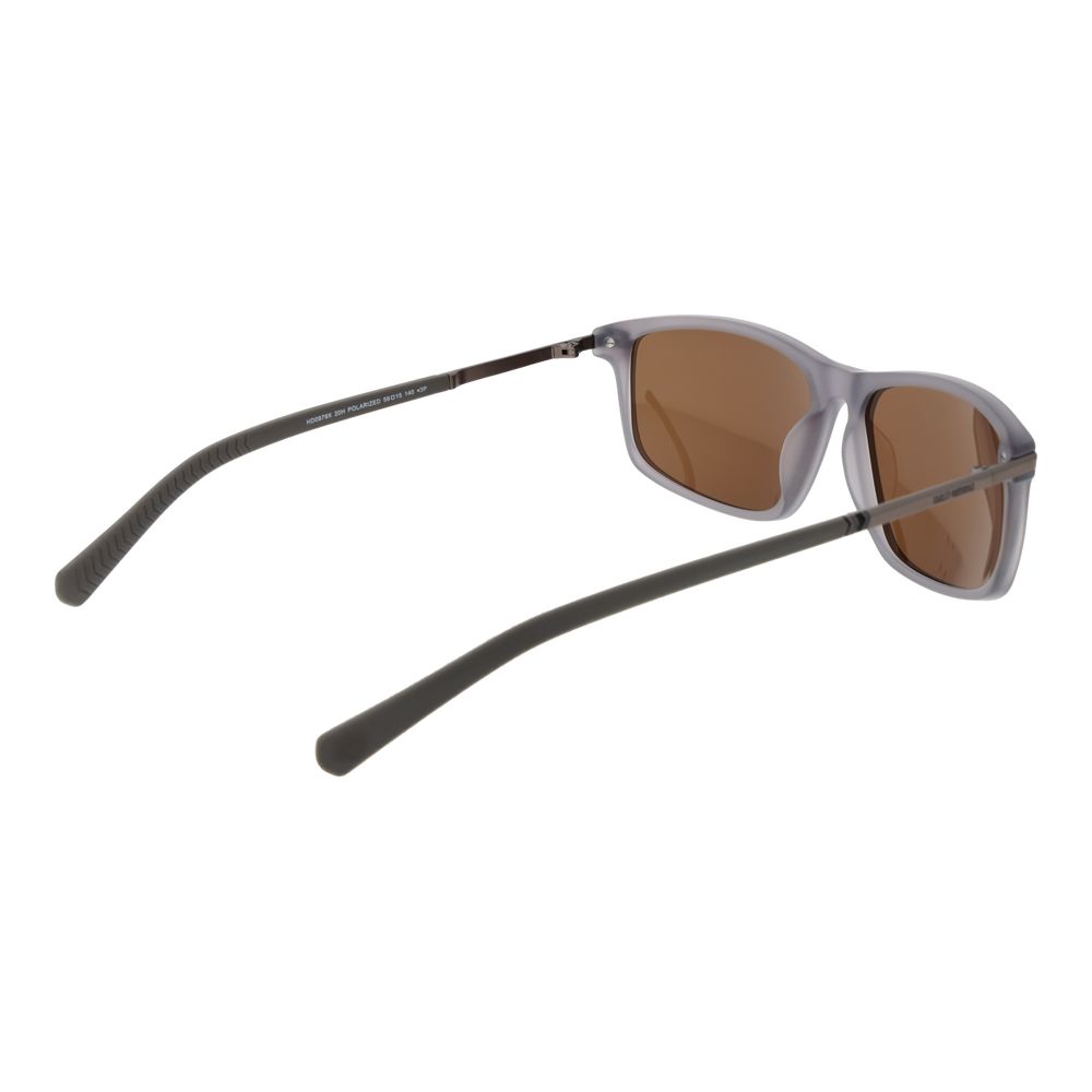 Sunglasses by Harley-Davidson for men in plastic gray showcases a ethereal silhouette, featuring gray coloured frame rectangle full-rim frame design with polarized category-3-dark-tint lens for a ethereal finish.