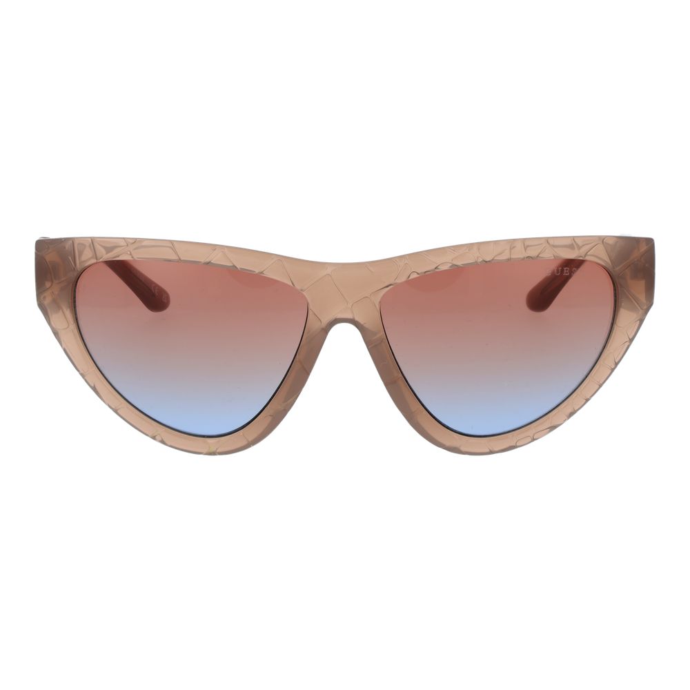 Sunglasses by Guess for women in plastic beige features an lustrous full-rim cat-eye frame design with beige coloured frame detailing and gradient category-2-medium-tint lens for a lustrous aesthetic.