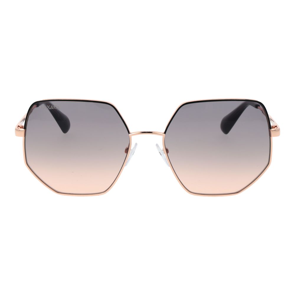 Sunglasses by Max & Co for women in metal and rose-gold presents a sumptuous silhouette, featuring rose-gold coloured frame and full-rim frame design with gradient category-2-medium-tint lens for a sumptuous look.