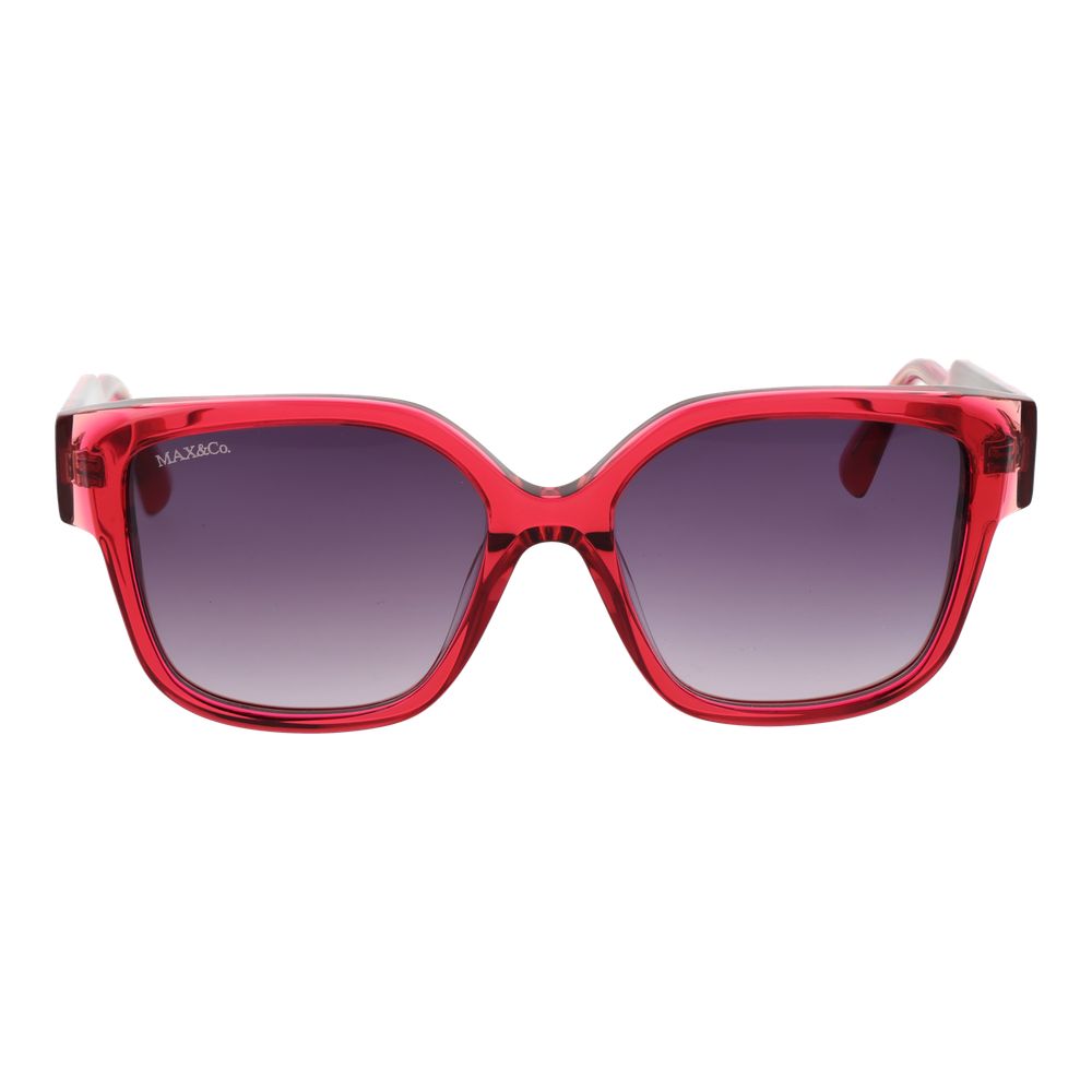 Sunglasses by Max & Co for women in plastic pink features an lustrous butterfly full-rim frame design with rose coloured frame detailing and gradient category-3-dark-tint lens for a lustrous aesthetic.