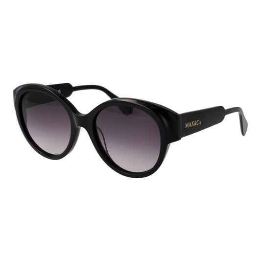 Sunglasses by Max & Co for women in plastic and black featuring an opulent full-rim round frame design with a sophisticated black coloured frame finish and high-performance gradient category-3-dark-tint lens.