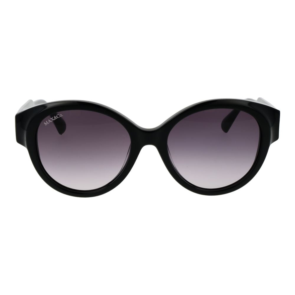 Sunglasses by Max & Co for women in plastic and black presents a sumptuous silhouette, featuring black coloured frame and full-rim round frame design with gradient category-3-dark-tint lens for a sumptuous look.