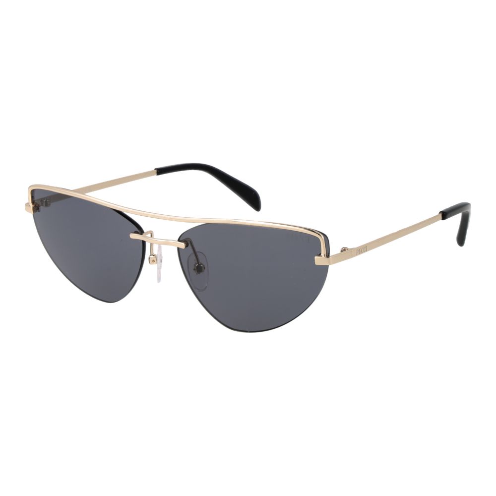 Sunglasses by Emilio Pucci for women in metal gold showcases a ethereal silhouette, featuring gold coloured frame cat-eye frame design with non-polarized category-3-dark-tint lens for a ethereal finish.