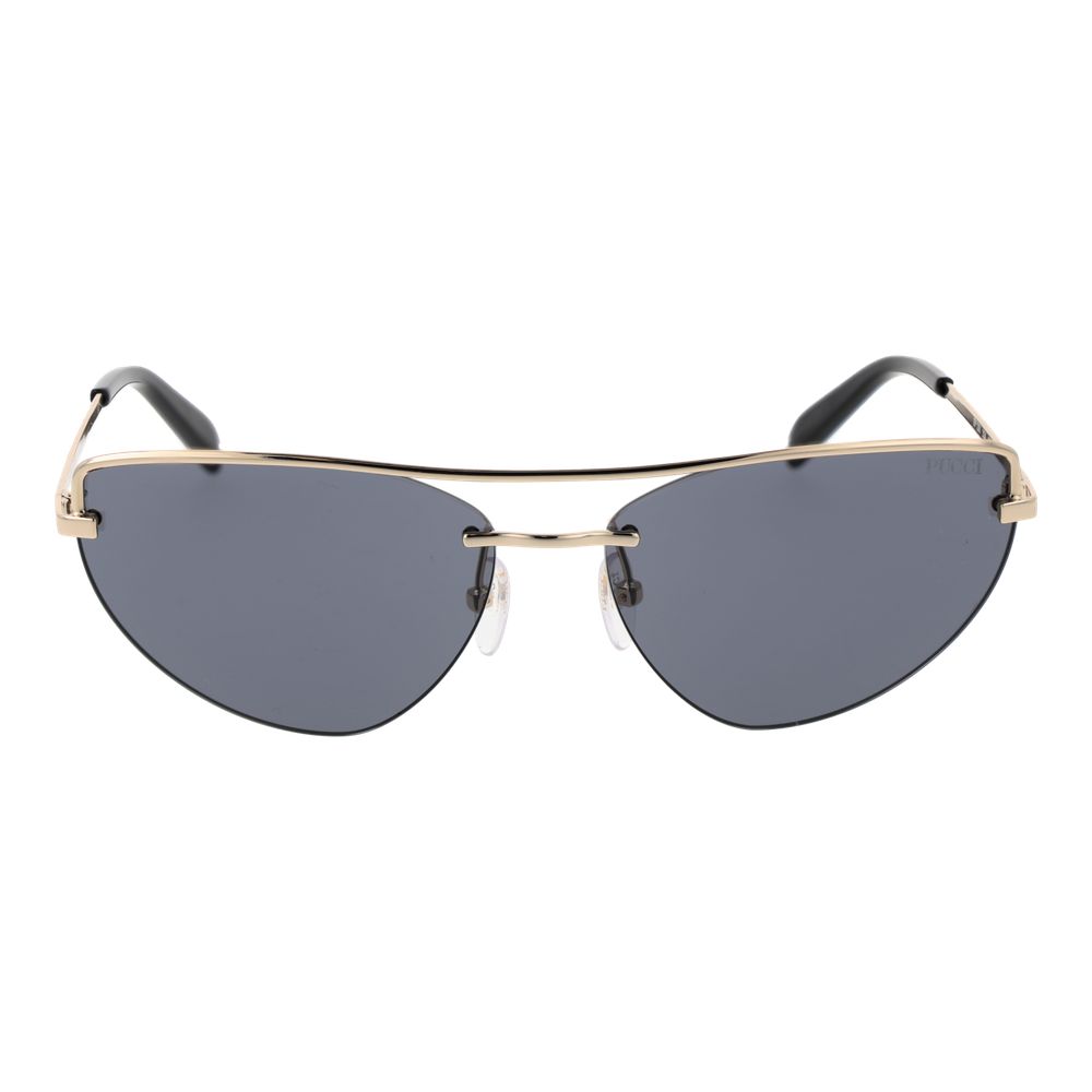 This Sunglasses by Emilio Pucci for women in metal gold presents a sumptuous silhouette, showcasing a sumptuous cat-eye frame design in gold coloured frame and high-performance non-polarized category-3-dark-tint lens.