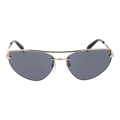 This Sunglasses by Emilio Pucci for women in metal gold presents a sumptuous silhouette, showcasing a sumptuous cat-eye frame design in gold coloured frame and high-performance non-polarized category-3-dark-tint lens.