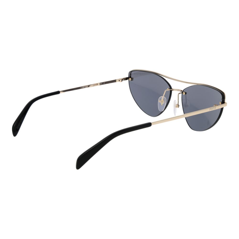 Sunglasses by Emilio Pucci for women in metal gold features an lustrous cat-eye frame design with gold coloured frame detailing and non-polarized category-3-dark-tint lens for a lustrous aesthetic.