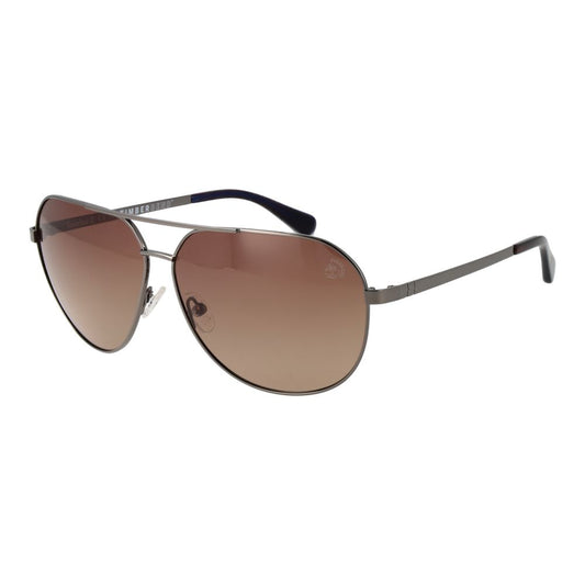 Sunglasses by Timberland for men in metal and gray featuring an opulent aviator full-rim frame design with a sophisticated gunmetal coloured frame finish and high-performance polarized gradient category-2-medium-tint lens.