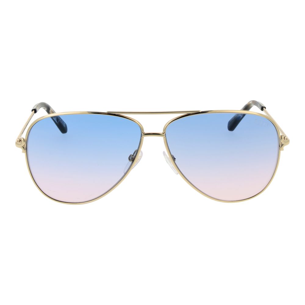 Sunglasses by Emilio Pucci for women in metal gold features a sumptuous silhouette, showcasing a sumptuous aviator full-rim frame design in gold coloured frame with high-performance gradient category-1-light-tint lens.
