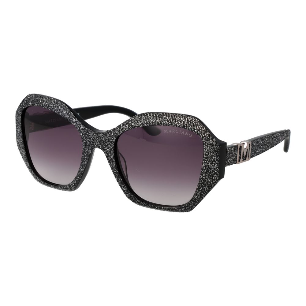 Sunglasses by Marciano by Guess for women in plastic and black featuring an opulent butterfly full-rim frame design with a sophisticated black coloured frame finish and high-performance gradient category-3-dark-tint lens.