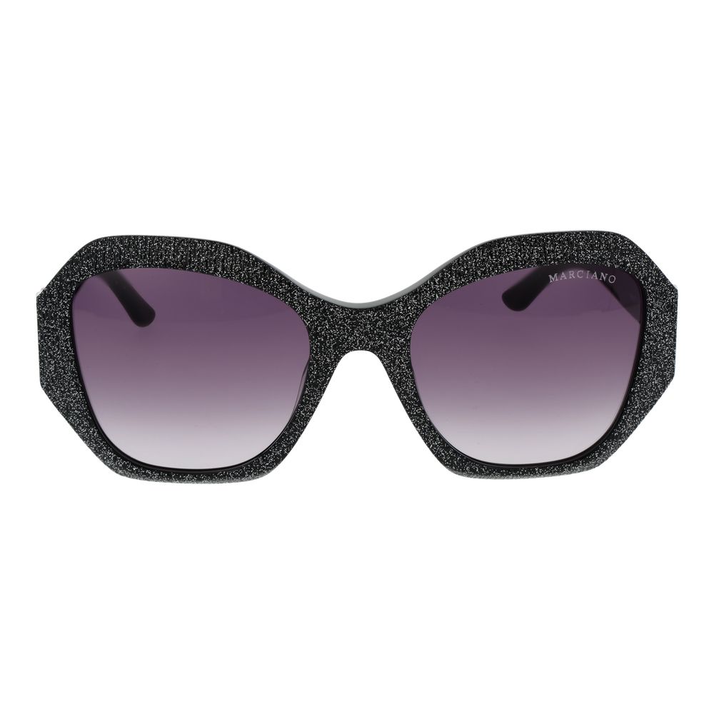 This Sunglasses by Marciano by Guess for women in plastic black presents a sumptuous silhouette, showcasing a sumptuous butterfly full-rim frame design in black coloured frame and high-performance gradient category-3-dark-tint lens.