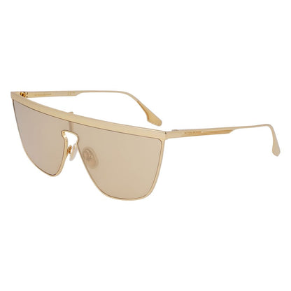 This Sunglasses by Victoria Beckham for women in metal gold presents a sumptuous silhouette, showcasing a sumptuous full-rim mono-lens frame design in gold coloured frame and high-performance mirrored category-2-medium-tint lens.