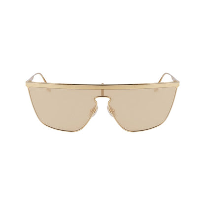 Sunglasses by Victoria Beckham for women in metal gold features a sumptuous silhouette, showcasing a sumptuous full-rim mono-lens frame design in gold coloured frame with high-performance mirrored category-2-medium-tint lens.