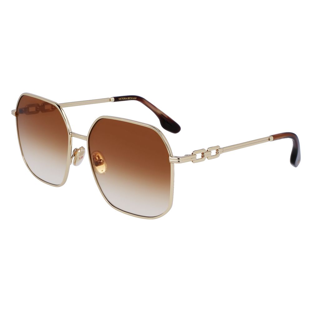 This Sunglasses by Victoria Beckham for women in metal gold presents a sumptuous silhouette, showcasing a sumptuous full-rim square frame design in gold coloured frame and high-performance gradient category-2-medium-tint lens.