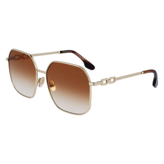This Sunglasses by Victoria Beckham for women in metal gold presents a sumptuous silhouette, showcasing a sumptuous full-rim square frame design in gold coloured frame and high-performance gradient category-2-medium-tint lens.