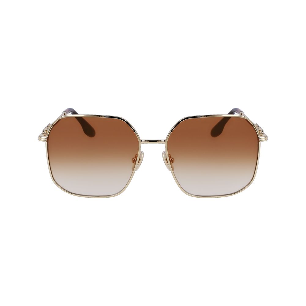 Sunglasses by Victoria Beckham for women in metal gold features a sumptuous silhouette, showcasing a sumptuous full-rim square frame design in gold coloured frame with high-performance gradient category-2-medium-tint lens.