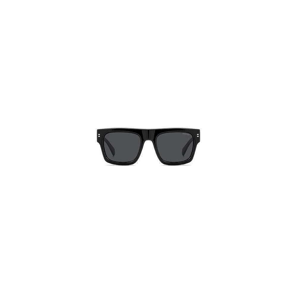 Sunglasses by Polaroid for men in black features an lustrous full-rim square frame design with black coloured frame detailing and polarized category-3-dark-tint lens for a lustrous aesthetic.
