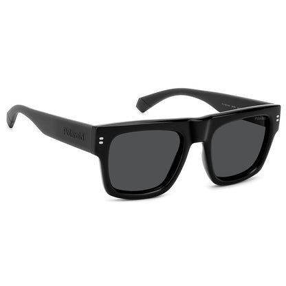 Sunglasses by Polaroid for men in and black featuring an opulent full-rim square frame design with a sophisticated black coloured frame finish and high-performance polarized category-3-dark-tint lens.