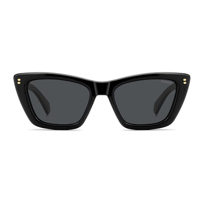 Sunglasses by Polaroid for women in polycarbonate black features an ethereal full-rim cat-eye frame design with black coloured frame frames and non-polarized category-3-dark-tint lens for a ethereal finish.