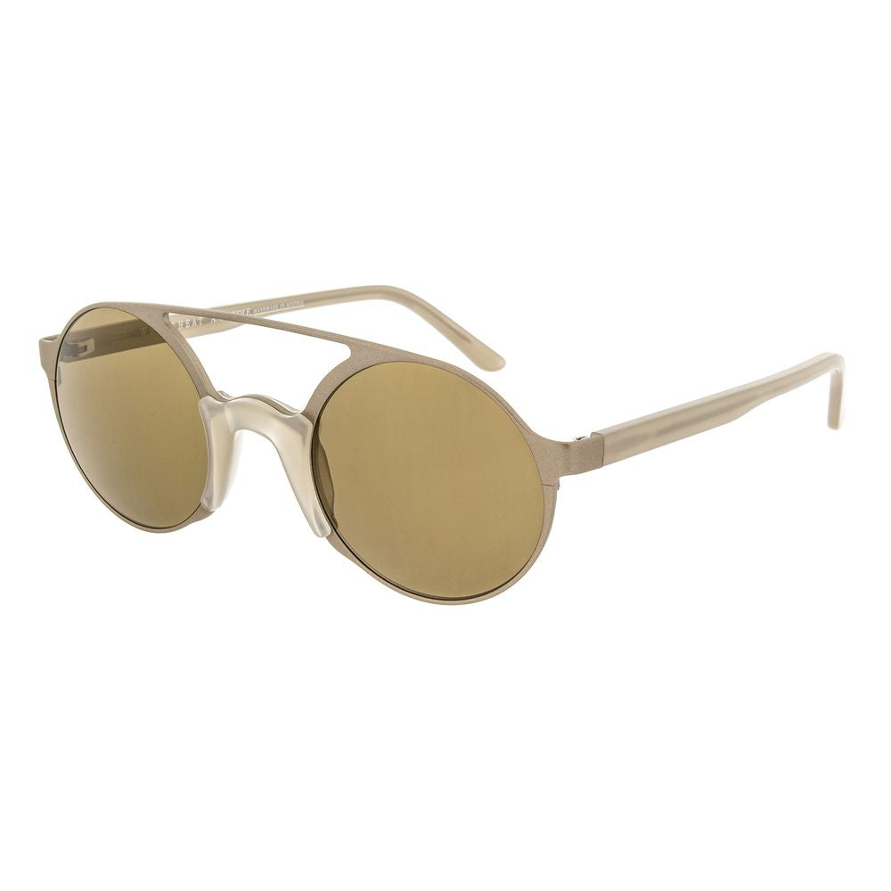Sunglasses by Andy Wolf for unisex in gold features an lustrous full-rim round frame design with gold coloured frame detailing and non-polarized category-3-dark-tint lens for a lustrous aesthetic.