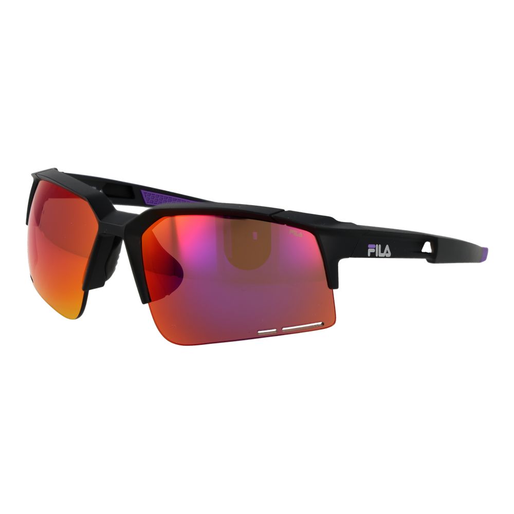 This Sunglasses by Fila for unisex in plastic black presents a sumptuous silhouette, showcasing a sumptuous rectangle half-rim frame design in black coloured frame and high-performance mirrored category-2-medium-tint lens.