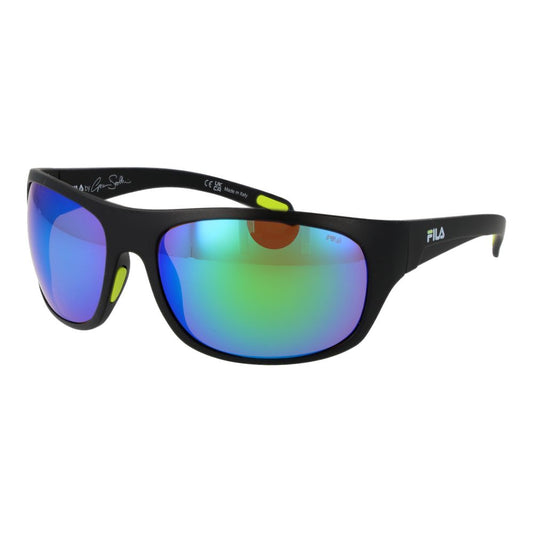 Sunglasses by Fila for men in plastic and black featuring an opulent full-rim sport frame design with a sophisticated black coloured frame finish and high-performance mirrored category-3-dark-tint lens.