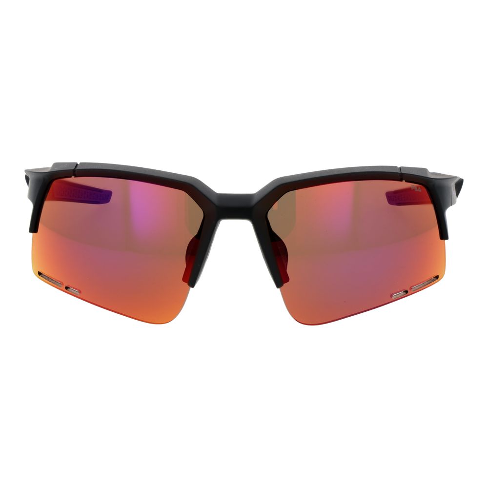 Sunglasses by Fila for unisex in plastic black features a sumptuous silhouette, showcasing a sumptuous rectangle half-rim frame design in black coloured frame with high-performance mirrored category-2-medium-tint lens.