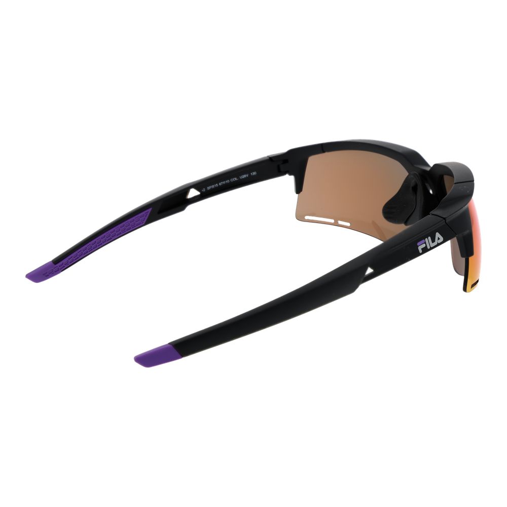 Sunglasses by Fila for unisex in black features an ethereal rectangle half-rim frame design with black coloured frame frames and mirrored category-2-medium-tint lens for a ethereal finish.