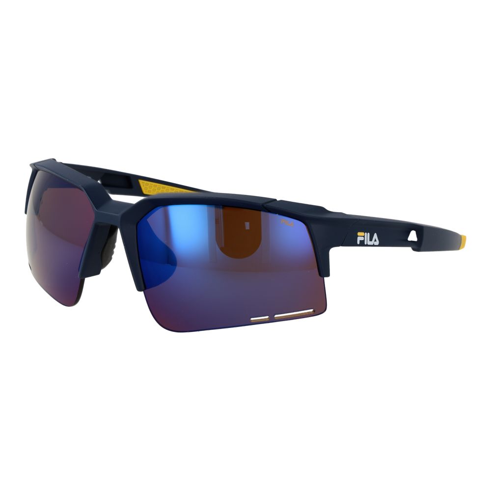 Sunglasses by Fila for men in plastic blue features an lustrous half-rim sport frame design with blue coloured frame detailing and mirrored category-3-dark-tint lens for a lustrous aesthetic.