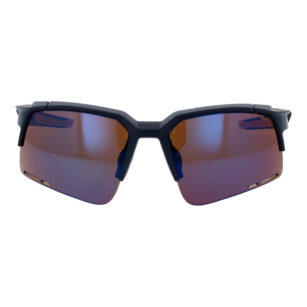 Sunglasses by Fila for men in plastic blue features a sumptuous silhouette, showcasing a sumptuous half-rim sport frame design in blue coloured frame with high-performance mirrored category-3-dark-tint lens.